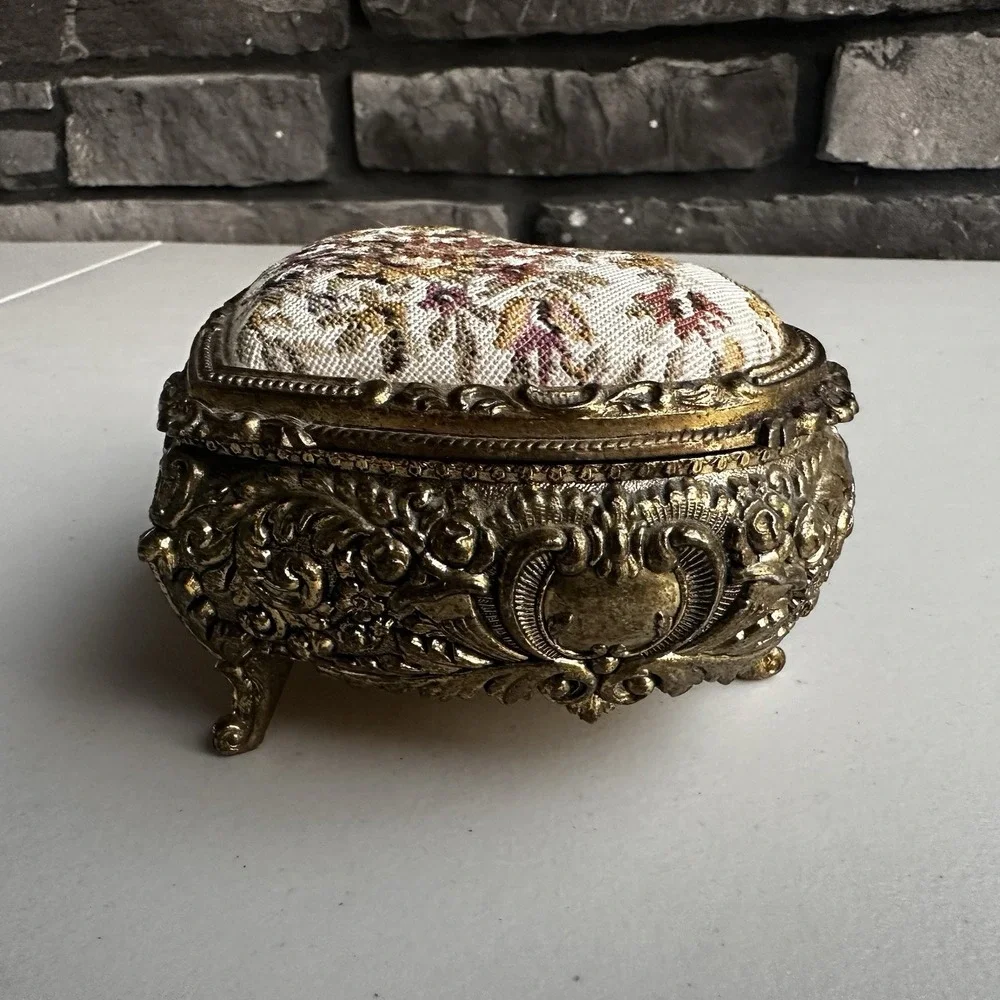 Vintage Metal Gold Heart Shaped Jewelry Trinket Box Embroidered Granny Cottage